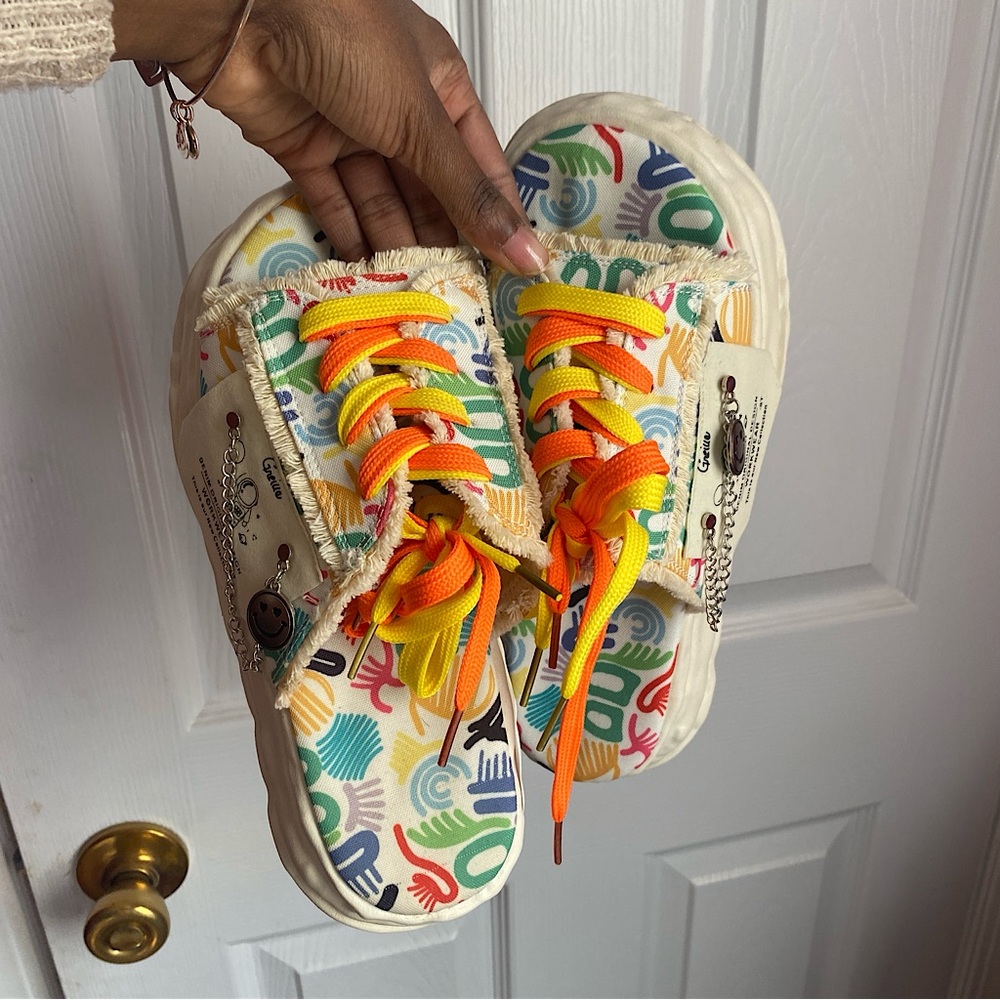 Kidcore Beige Canvas Lace Up Doodle Graffiti Women Sandals